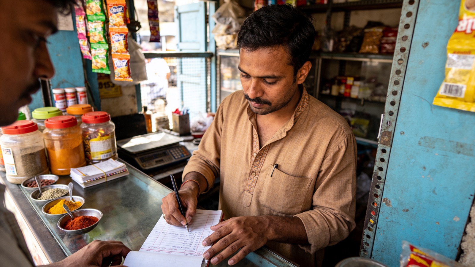 Shopkeeper writing a customer bill in a printed bill book