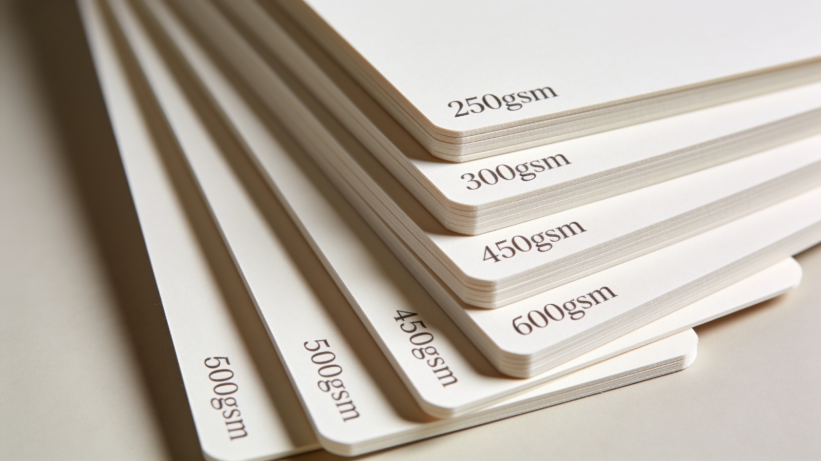 Visiting card papers of different GSM thicknesses compared edge-on