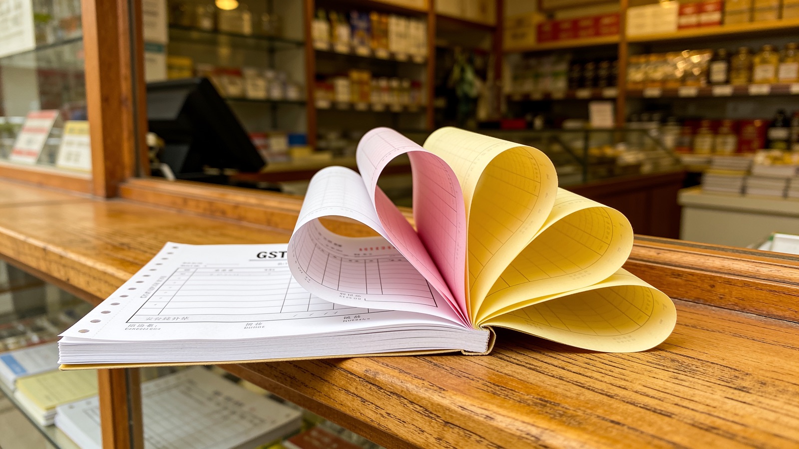 NCR carbonless bill book showing white, pink and yellow triplicate copies