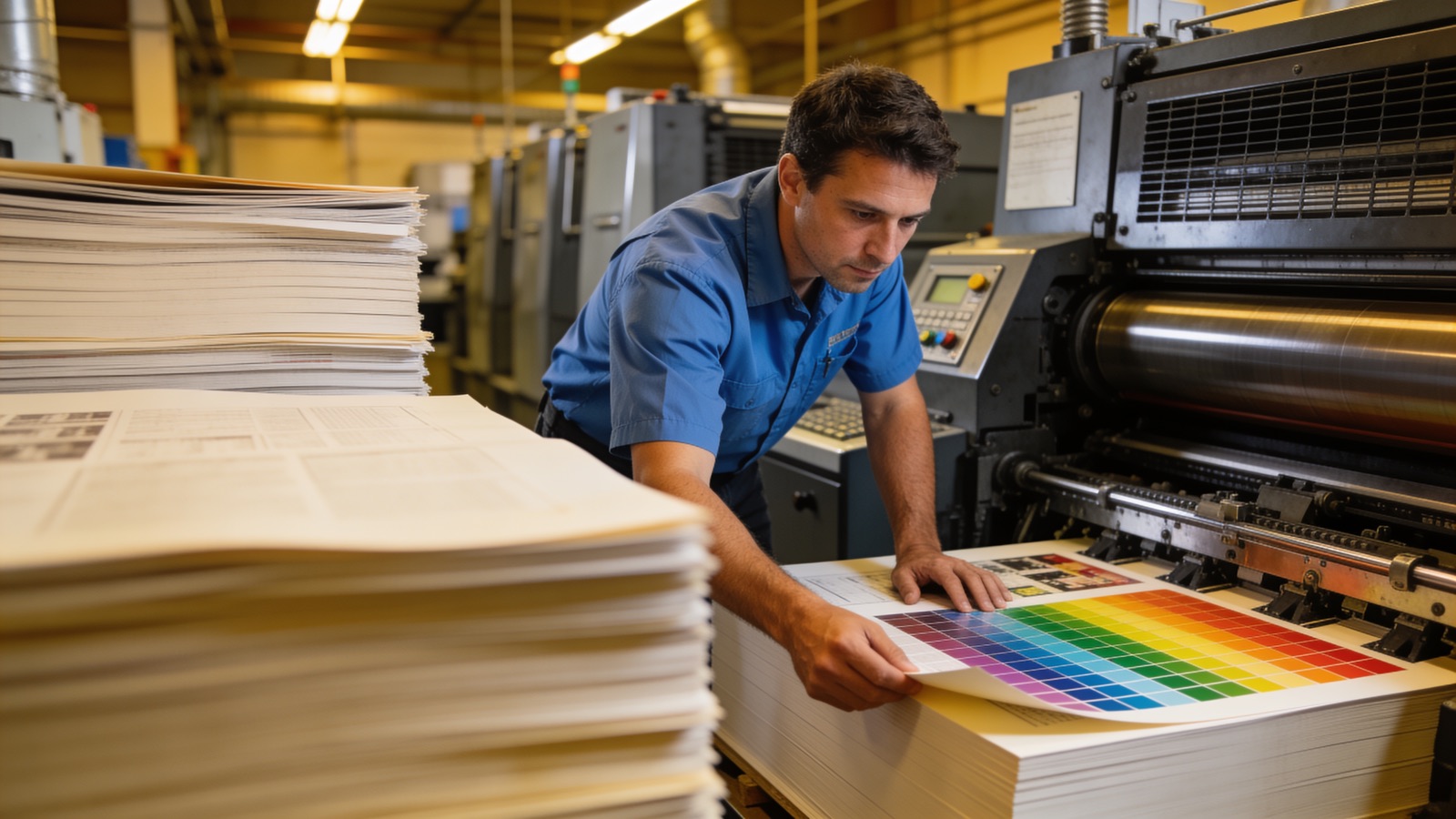 Offset printing press with paper stacks and metal plates