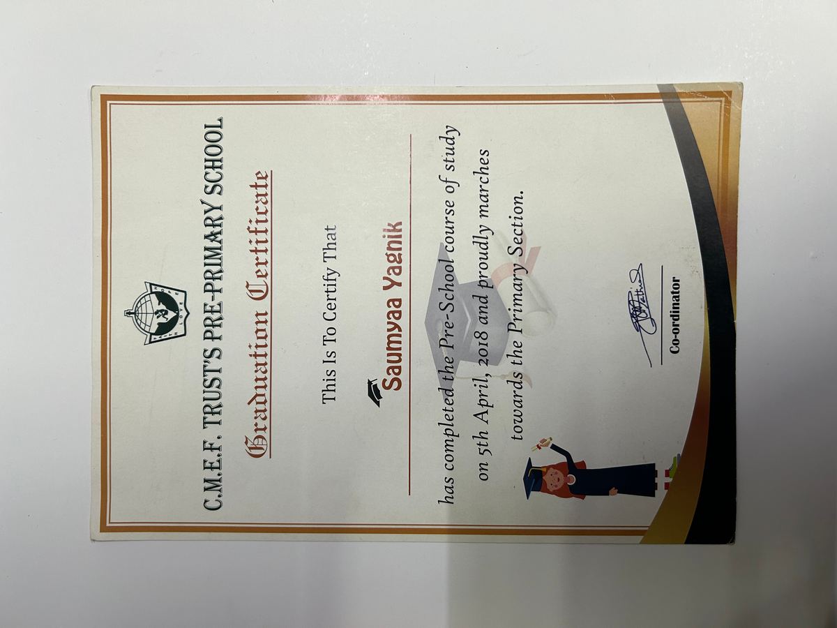 Graduation Certificate — C.M.E.F. Trust Pre-Primary School