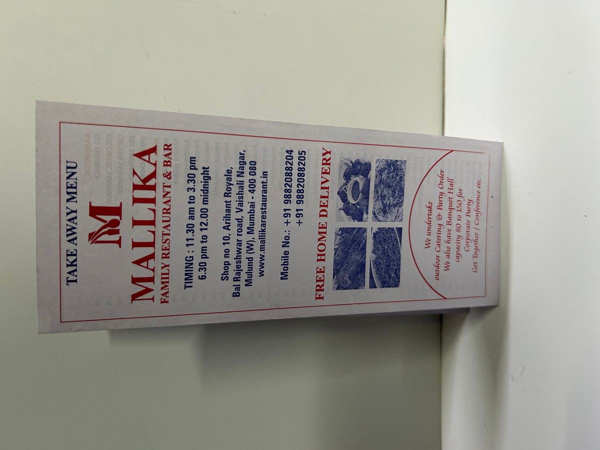 Restaurant Menu Card — Mallika Family Restaurant, Mulund